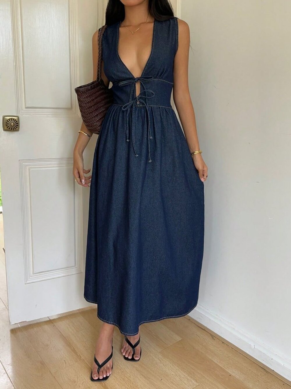 Blue Casual Women's Deep V Neck Sleeveless Denim Wrap Dress - Picture 7 of 8